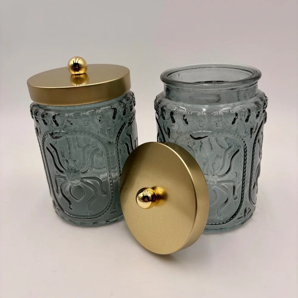 Cook With Color 2pc Glass Canister Set Spider Skull Gothic Gold Lid Halloween
